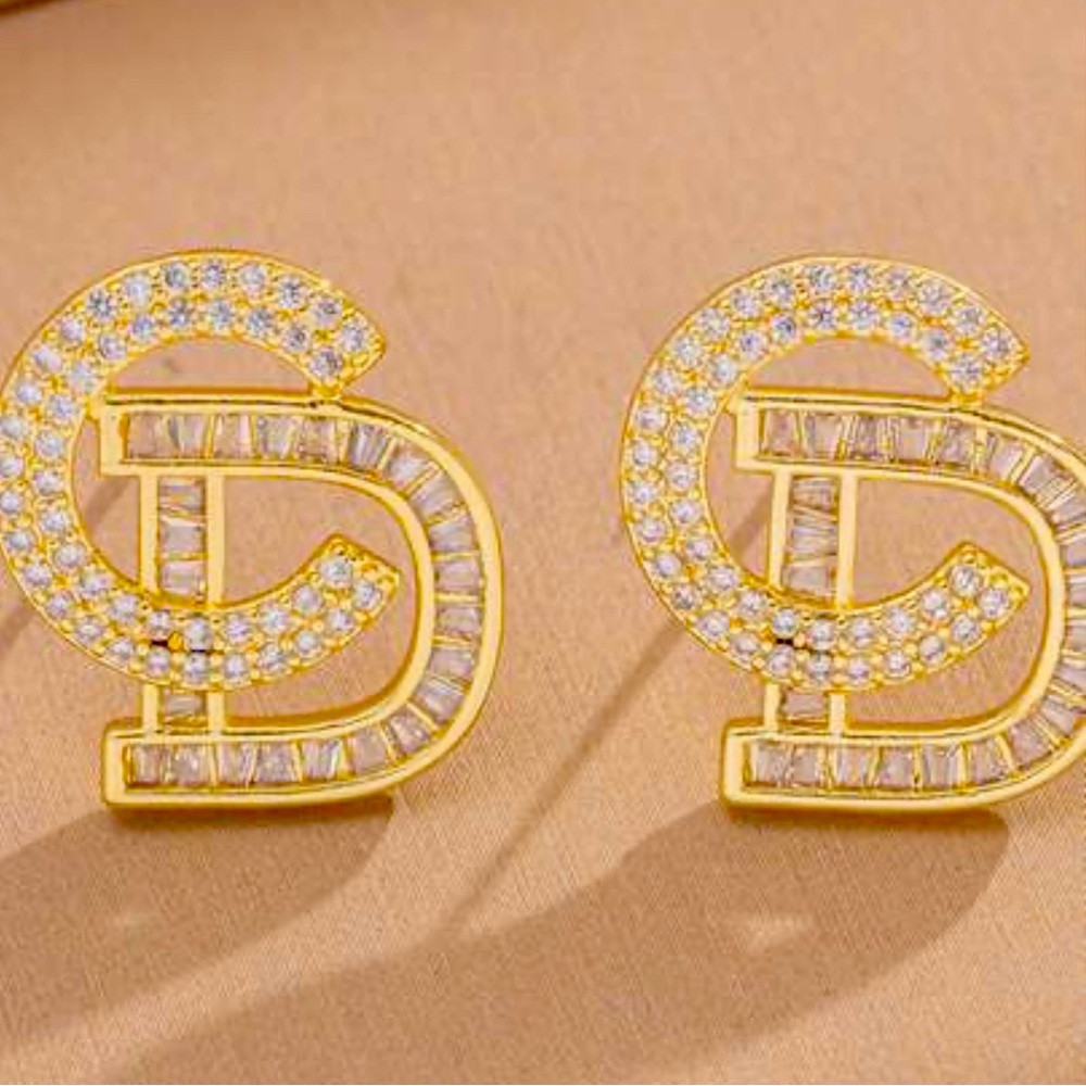 Gold Crystal CD Interlocking Logo Stud Earrings - Designer-Inspired
